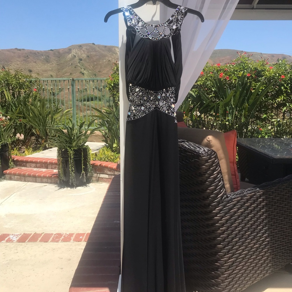Long black beaded prom dress